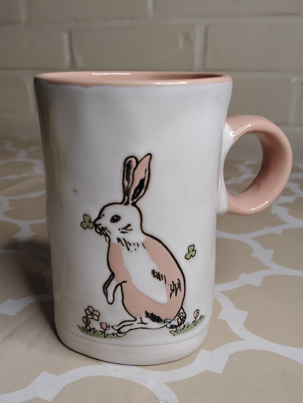 Bunny Rabbit 16 oz Ceramic Coffee Mug Pink White i Heart It Easter